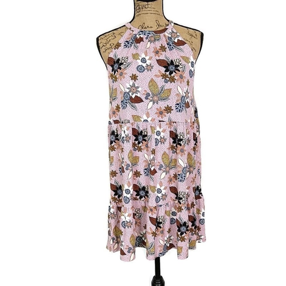 LOFT Dress Womens MP Pink Floral Halter Tiered Swing Knit Mini Dress